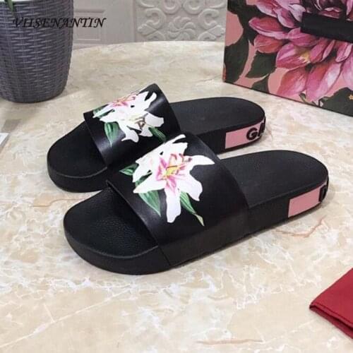 Flower Printing Women Men Summer Beach Slipper Shoe Open Toe Real Leather Comfortable Top Quality Mules Outdoor Shoe Desginer