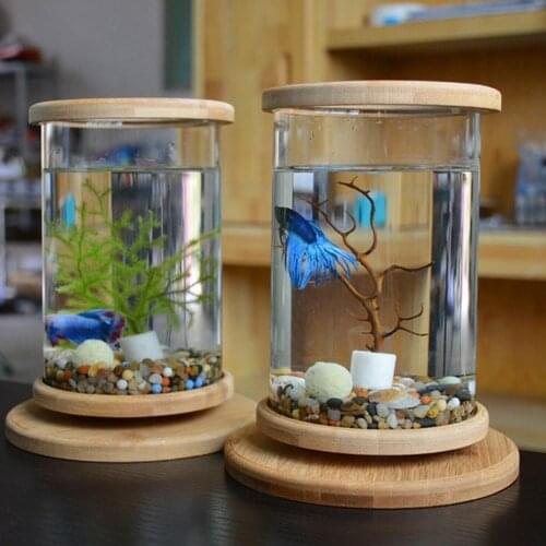 1PCS Mini Glass Fish Tank Bamboo Base Fish Tank Decoration Rotate Decoration Fish Bowl Ecological Bottle Aquarium Accessories