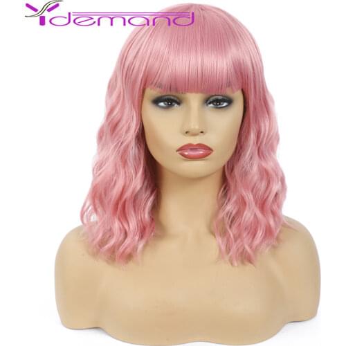 Y demand Short Natural Wave Hair Synthetic Wigs with Neat Bangs for Women Pink High Quality