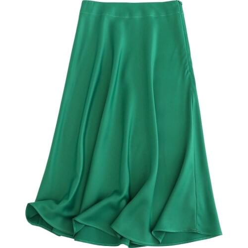 Tangada 2021 women solid quality green satin midi skirt vintage side zipper office ladies elegant chic A-line skirts 6D18-1