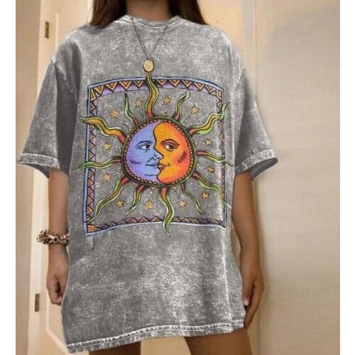 Woman Summer T-shirt Harajuku Punk Tie Dye Cartoon Sun Moon Face Print Short Sleeve Graphic Oversize Casual Loose Shirts Tee Top