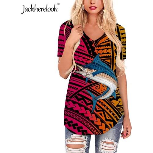 Jackherelook Polynesian Traditional Tribal Marlin Print Summer Short Sleeve T Shirts Womens Top Tee Casual Loose Woman Clothes