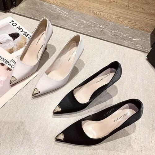 Woman Sexy High Heels Shoes 2021 rhinestone Soft Skin Shallow Pointed Toe Thin Heels Fashion Black Autumn Office professional