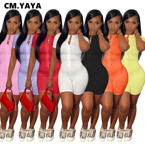 CM.YAYA Women Zipper Short Sleeve Basic Playsuit for Summer Active Romper Moto Biker Bodycon One Piece Overalls