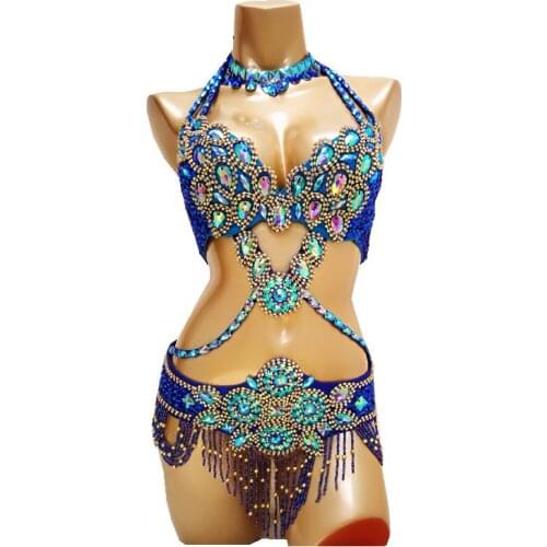 New Shining Womens Beaded Crystal Belly Dance Costume Set Bar+Belt+Necklace 3pcs Set Sexy Bellydancing Dress Dance Outfit
