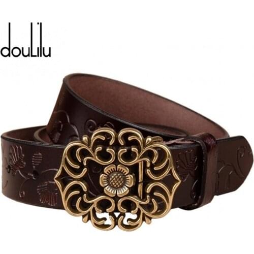 Fashion Wide Genuine leather belts for women Vintage Floral Pin buckle Woman belt High quality Second Layer Cowskin jeans strap