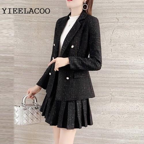 Black suit College tweed jacket + skirt Bright silk fabric spring / autumn womens jacket Business ladies 2 piece skirt suit