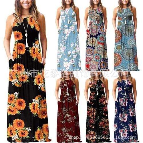 Women Summer Dress 2021 Robes Collar Sleeveless Print Waist Maxi floor-length Dress Vestido De Mujer CHF9189