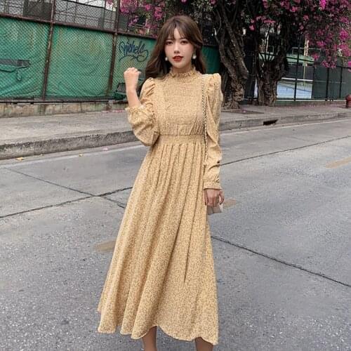 Women Spring Chiffon Dress 2021 Long Sleeve Summer Streetwear Print Beach A-line Party Korean Fashion Yellow Robe Longue Femme