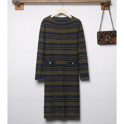 2021 Spring womens brand new high quality sequins stripe knitted fashion 83% cashmere wool dress B590