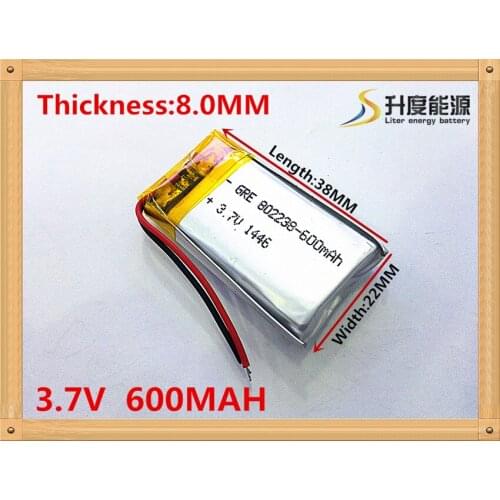 1pcs/lot Dual handsome 3.7V lithium polymer battery 802238 600mah MP3 MP4 MP5 small toys
