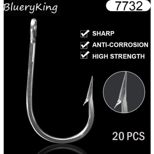 BlueKim 20 pcs 7732 Stainless Steel Shark Jig Fish Hooks Saltwater Fish Hooks Sea Big Game J Type Large Tuna Bait Fish Hooks