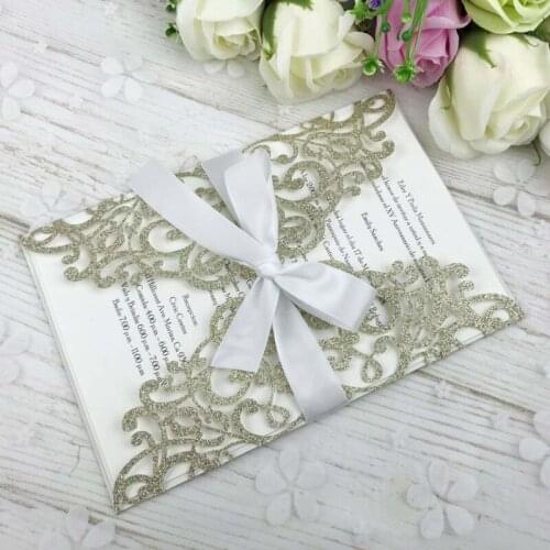 PONATIA 20 PCS Champagne Gold Glitter Bling Invitation Cards With Ribbon For Wedding Bridal Shower Engagement Birthday Invite