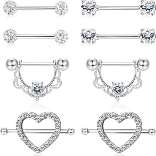4pair Stainless Steel Crystal Nipple Piercing Ring Set Heart Sexy Nipple Piercing Bar Lot Nipple Body Jewelry Piercing For Women