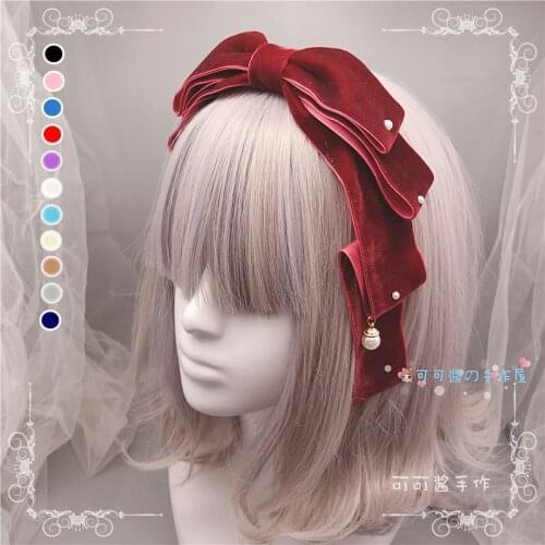 Lolita velvet bow KC headband soft sister loli autumn and winter with accessories velvet hand made velvet wine red Cos show