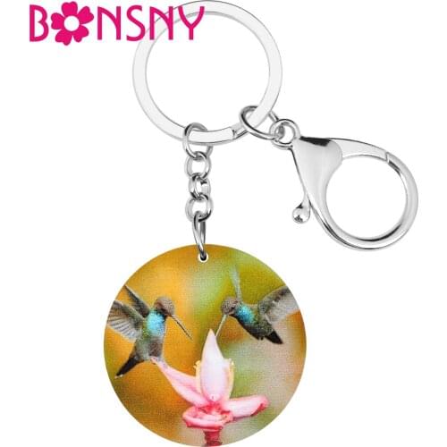 Bonsny Acrylic Round Cute Hummingbird Bird Keychains Flower Animal Keyring Jewelry For Women Men Girl Funny Gift Bag Accessories