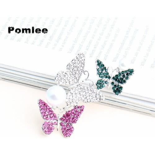 Pomlee Color Rhinestone Three Butterfly Brooches for Women Fashion Insect Pin Brooch Spring Style Accessories High Quality