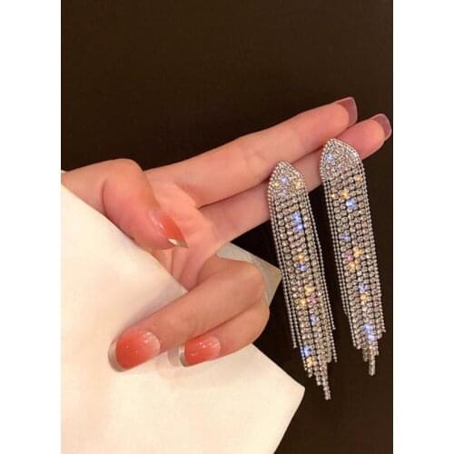 Long Tassel Full Rhinestone Drop Earrings for Women Ovsize Crystal Dangle Earrings Fashion Jewelry Accessories