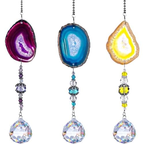 H&D Pack 3pcs Suncatcher Hanging 30mm Crystal Ball with Agate Slices Wind Chimes Ornaments Rainbow Decor for Window Home Garden