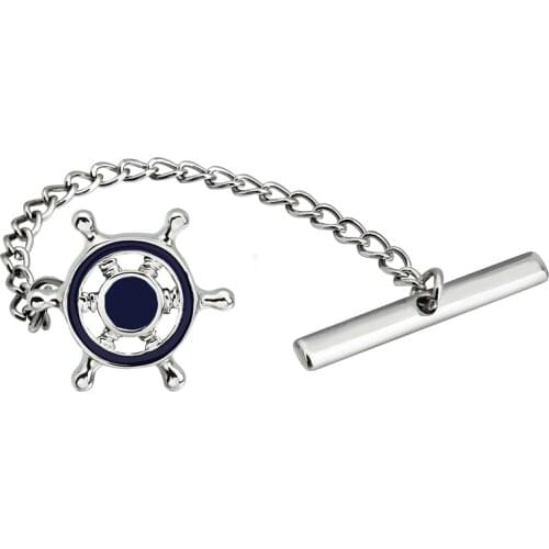 HAWSON Fashion New Tie Tacks for Men Imitation Rhodium&Blue Enamel Rudder Tie Tacks with Chain Simple Business Jewelry