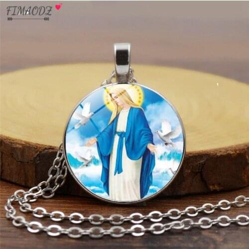 FIMAODZ Virgin Mary Baby Jesus Necklace for Women Christian Gift Glass Cabochon Pendant Fashion Jewelry