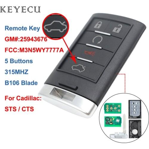 Keyecu 5 Buttons Remote Car Key Fob 315MHZ for Cadillac CTS 2009 2010 2011 2012 2013 2014 2015 STS 2008-2011, FCC: M3N5WY7777A