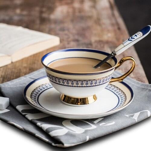 Bone China Coffee Cup Ceramic Tea Afternoon Saucer Set Hand-made Gold Rimmed British Style Black Gift Dinnerware