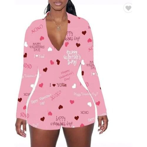 2021 Valentines Day Kinds of Print Women Sexy Jumpsuit V Neck Long Sleeve Shorts Romper Sleepwear Playsuits Lovers Gift Onesies