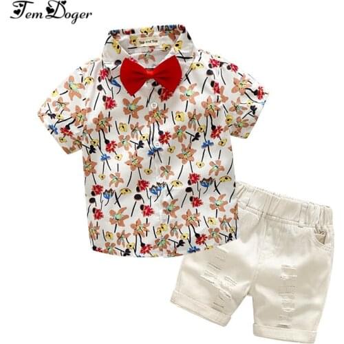 Tem doger boy clothing sets 2017 summer kid boy clothes suits short-sleeve floral tie shirt+shorts 2pcs children set 100% cotton