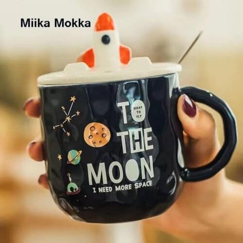Large Capacity Creative Cup 400ml Rocket Starry Sky Cartoon Childrens Milk Coffee Cup Space Rokcet Moon Pattern Phone Holder