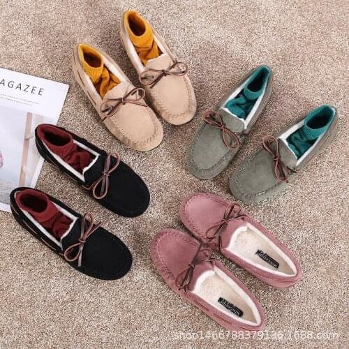 Korean Bow-knot moccasins winter cotton shoes women flats comfy sneakers loafers warm plush pregnant shoes woman plus size 35-43