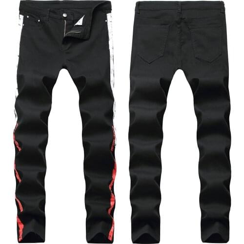 2021 Men’s Street Fashion Side Printing Denim Pants,Slim-fit Elastic Black Jeans,Classic Style Casual Jeans,Youth Cool Must