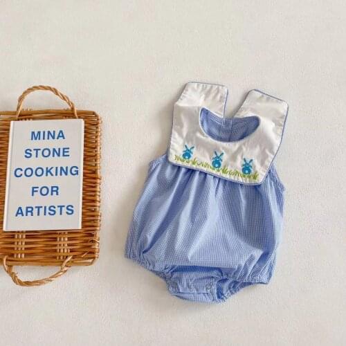 2021 New Fashion Summer Newborn Baby Girl Vintage Princess Blue Grid Rabbit Embroidery Slevenless Conjoined Baby Climb Clothes