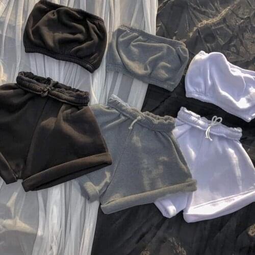 Solid Sportswear Two Piece Sets Womens 2021 Crop Top New Casual Drawstring Shorts Matching Set Summer Sexy Athleisure Outfits