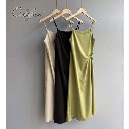 Ordifree 2021 Summer Women Satin Slip Dress Silk Shiny Spaghetti Strap Maxi Sexy Long Party Dress