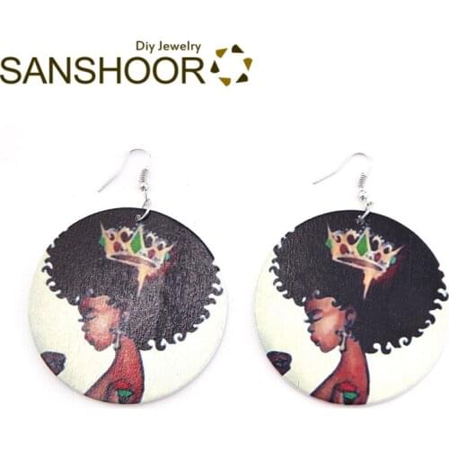 SANSHOOR Painting African Queen Natural Hair Wood Dangle Earrings 6cm Afrocentric Ethnic Jewelry As Women Christmas Gift 1Pair