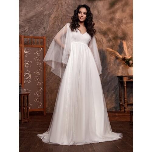 Simple Elegant V-Neck Pleated Chiffon Wedding Bridal Dress Cape Sleeves Open Back A Line Beach Low Cut Bride Gowns Sweep Train