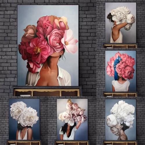 Nordic Art Flower Girls Canvas Paintings on the Wall Art Posters and Prints Feather Woman Pictures Home Wall Decoration Cuadros