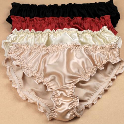 Birdsky, 3pcs 100% natural mulberry silk women briefs panties woven underwear, ruffles edge, plus size, mid waist, solid. S-36