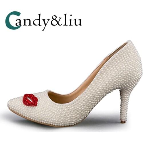 White Pear Wedding Shoes High Heel Red Sweet Lips Pointed Toe Women Pumps for Bridesmaid Party Casual Banquet Evening Dress