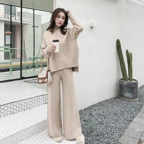 Spring Knitting Female Sweater Pantsuit For Women Two Piece Set Knitted Pullover V-neck Long Sleeve Top Lady Wide Leg Pants Suit