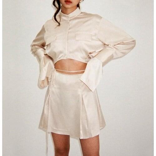 Women Stand Collar Crop Satin Shirt With Deep Cuff & Tie Strap Satin Mini Skirt