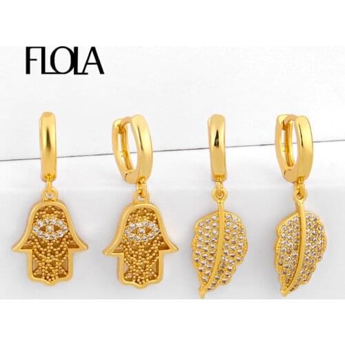 FLOLA Cute Gold Fatima Hand Earrings For Women CZ Crystal Hamsa Leaf Drop Earrings Cubic Zirconia Huggie Rainbow Jewelry erss59
