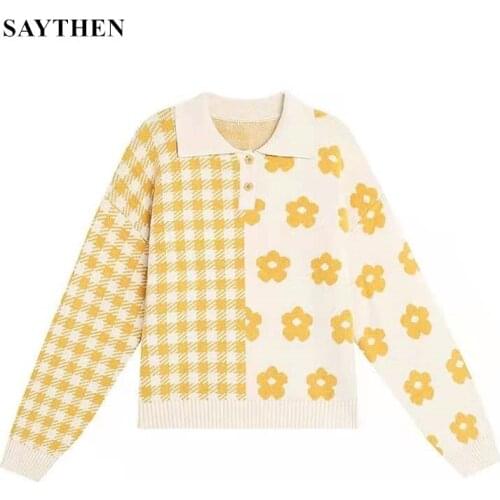 SAYTHEN 2021Turn-down Collar Full Sleeve Knitting Girlishness Simple Streetwear Retro Young Korean Style New Pullovers Women