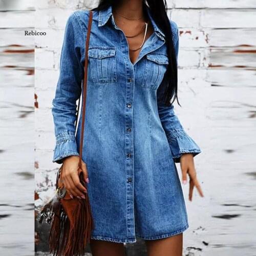 Women Solid Turn-Down CollarLong Sleeve Denim Dress Winter Vintage Loose Button Pocket Casual A-Line Dress Streetwear Robe Femme