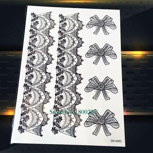 1PC Big Size Henna Black Lace Tattoo Stickers on Legs Body Arm PQS-A062 Women Sexy Tattoo Bowknot Pattern Waterproof Tattoo Art