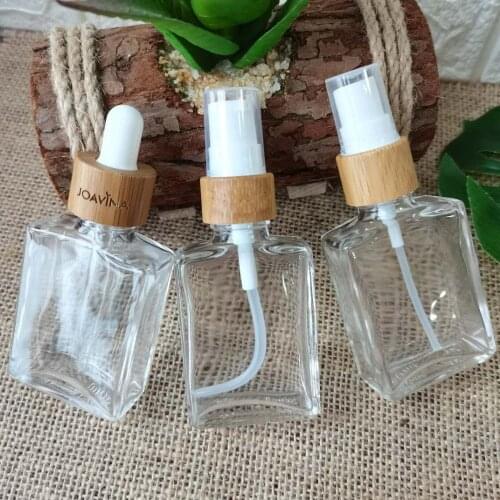 100pcs 30ML E Liquid Oil Bottle with Dropper, Small Clear Square Glass Bamboo Dropper Bottle for CBD hemp Oil Engraving custom