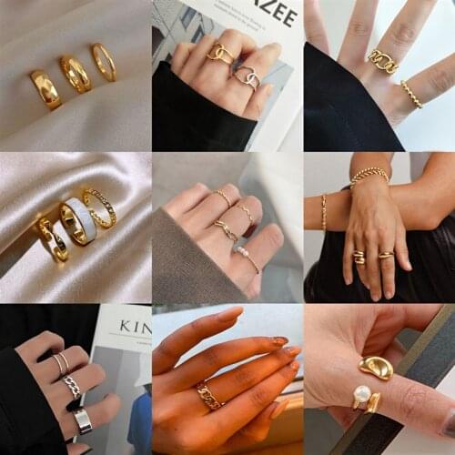 3PCS/SET Korea Vintage Metal Chain Open Rings for Women Gold Silver Color Wide Ring Set Party Jewelry Gifts