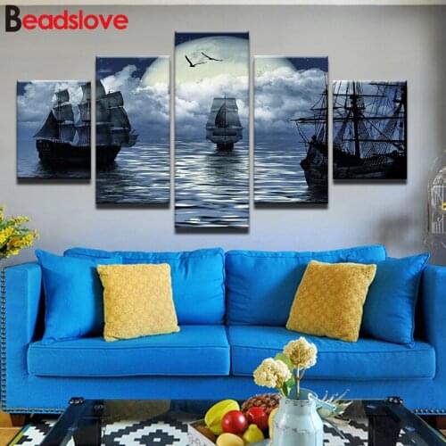 5D DIY Diamond Painting Cross Stitch 5 Pieces Midnight Sea Area Sailing Boat Fishing Boat Embroidery Complete Kit Picture