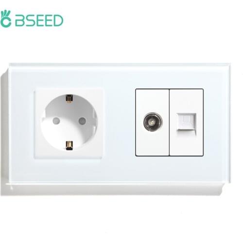 BSEED Europe Standard Single Wall Socket With TV PC Socket Crystal Glass Panel Electrical Outlet White Black Golden 110V 250V